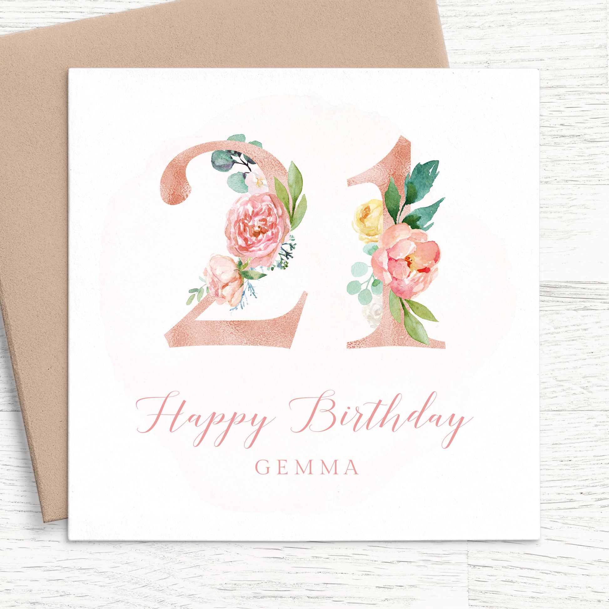 womens pink floral 21st birthday card personalised smooth matte white cardstock kraft brown envelope