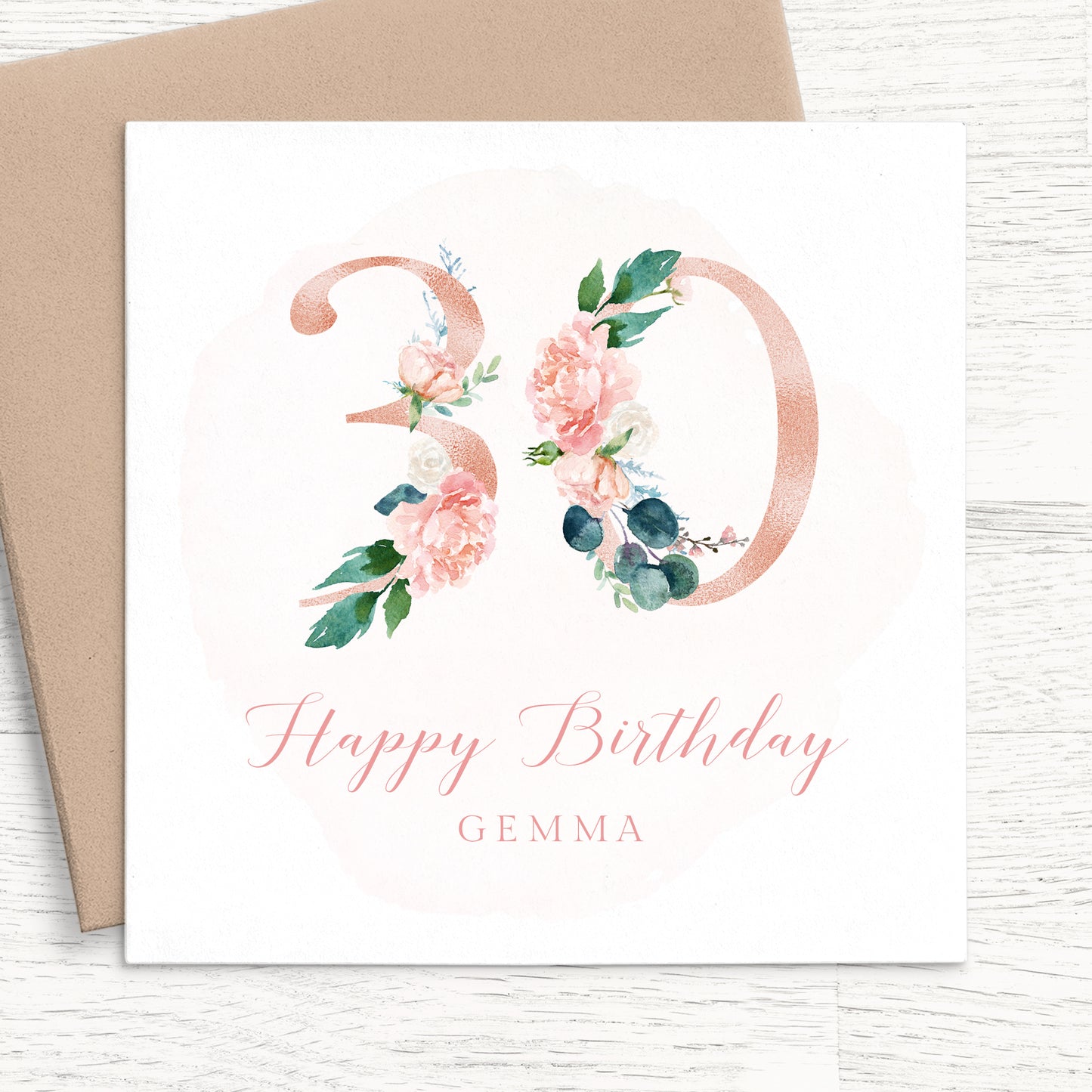 womens pink floral 30th birthday card personalised smooth matte white cardstock kraft brown envelope
