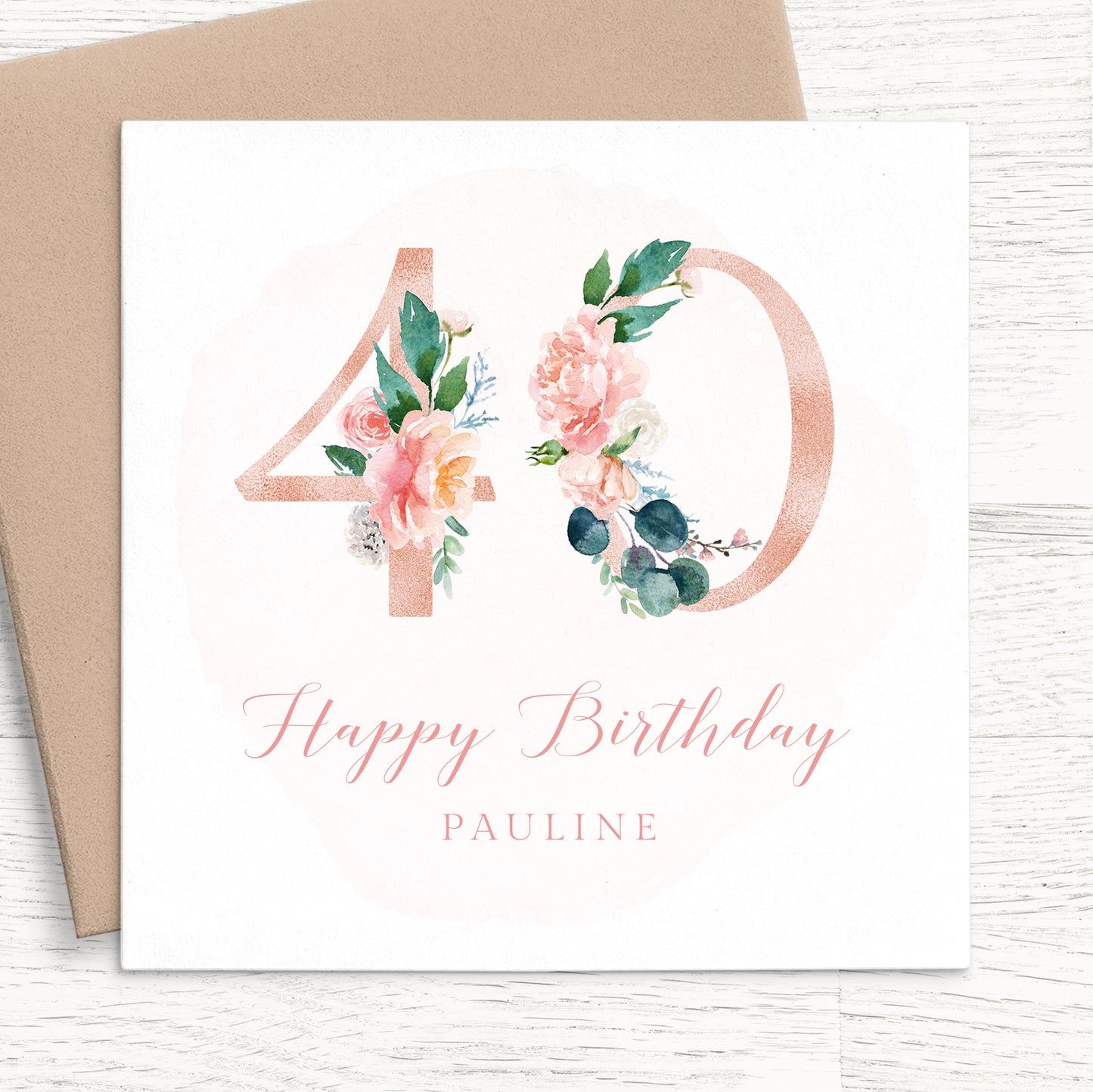 womens pink floral 40th birthday card personalised smooth matte white cardstock kraft brown envelope