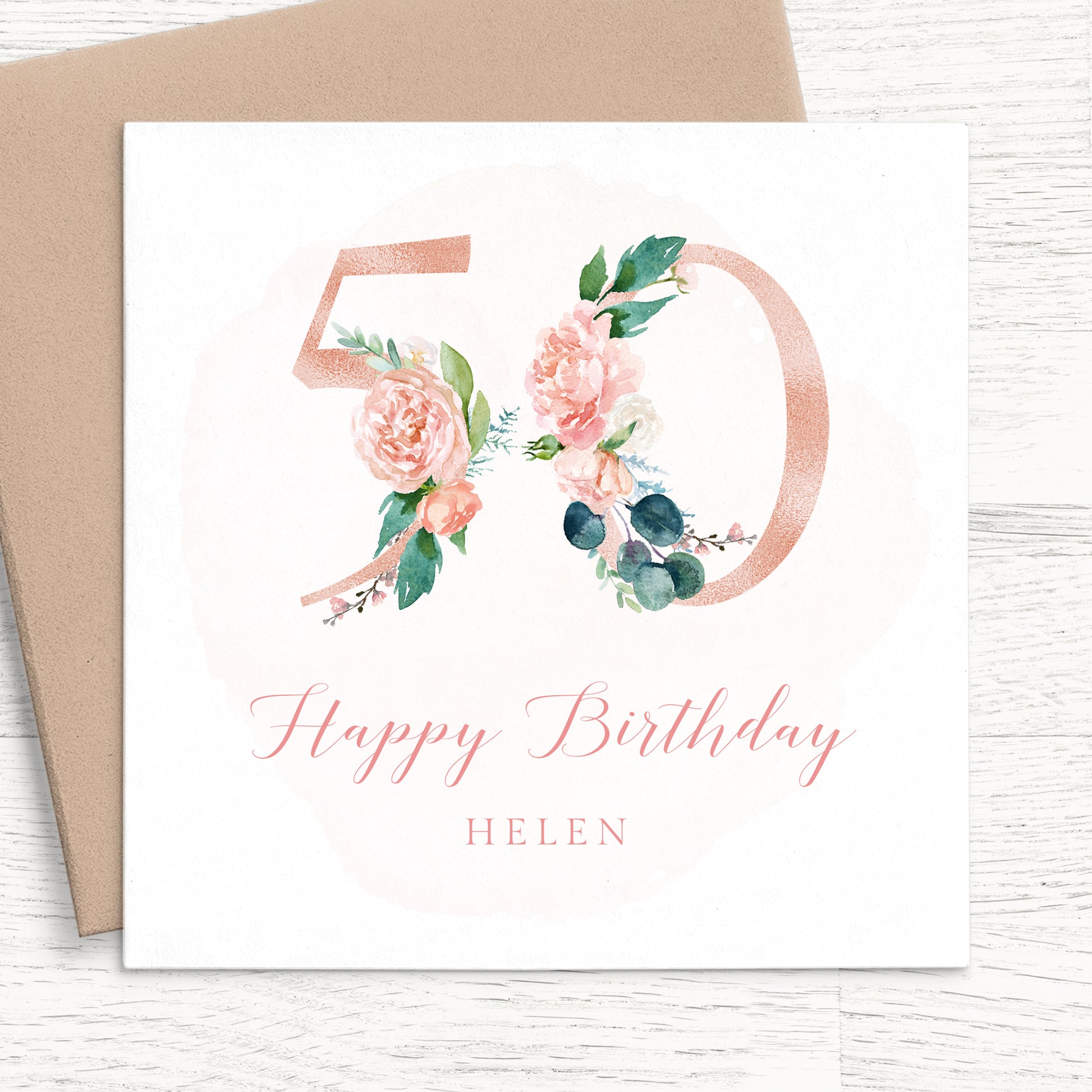 womens pink floral 50th birthday card personalised smooth matte white cardstock kraft brown envelope