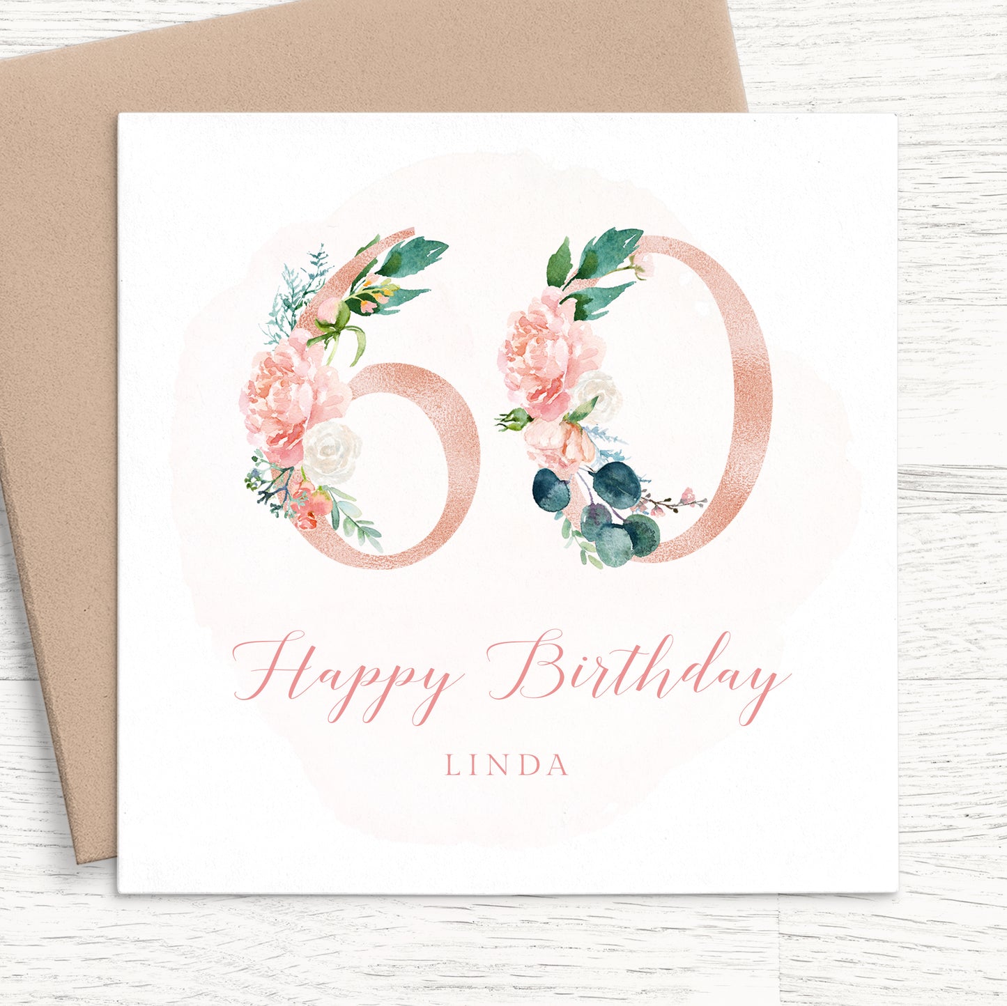 womens pink floral 60th birthday card personalised smooth matte white cardstock kraft brown envelope
