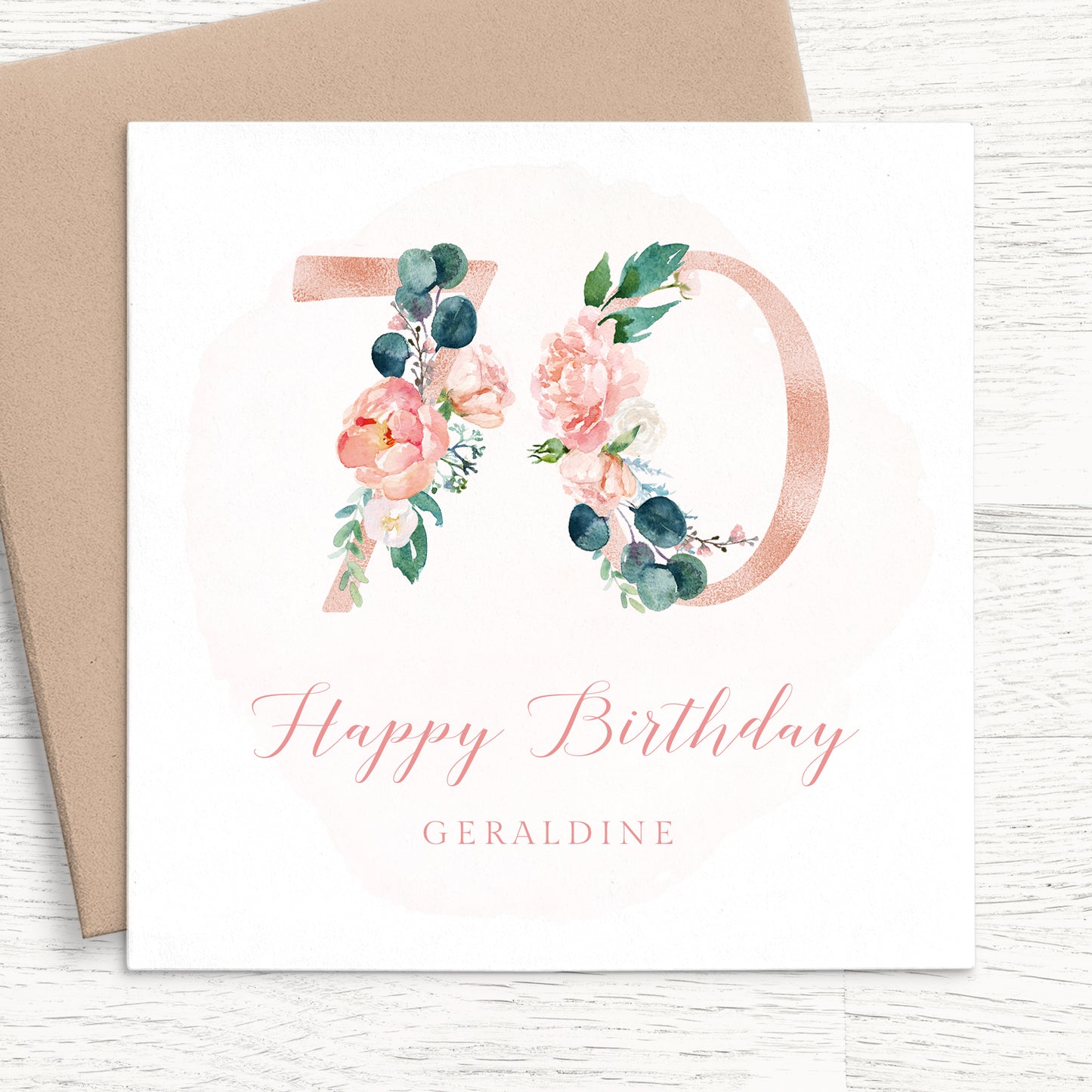 female pink floral 70th birthday card personalised smooth matte white cardstock kraft brown envelope