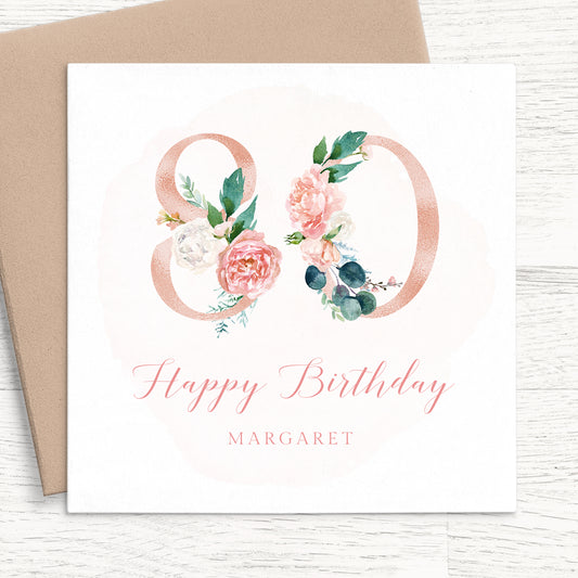 womens pink floral 80th birthday card personalised smooth matte white cardstock kraft brown envelope