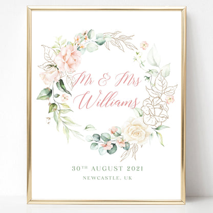 watercolour blush pink floral wreath print personalised couples names wedding date matte white paperstock unframed