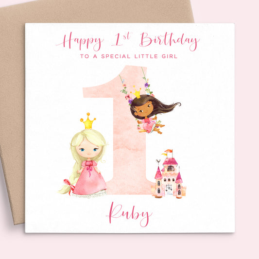 pink princess girls first birthday card personalised matte white cardstock kraft brown envelope