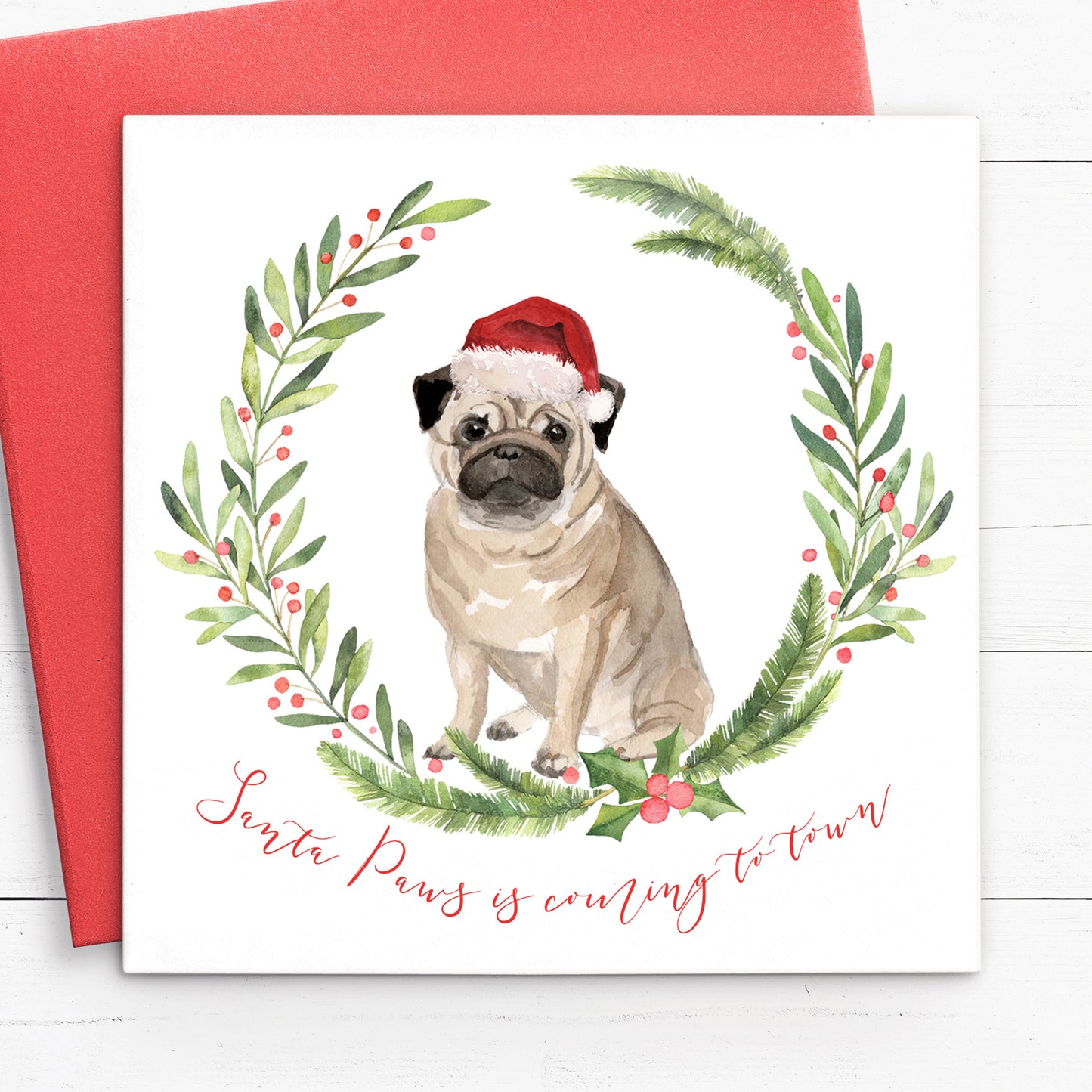 pug christmas cards pack set multipack santa paws red envelopes matte white cardstock
