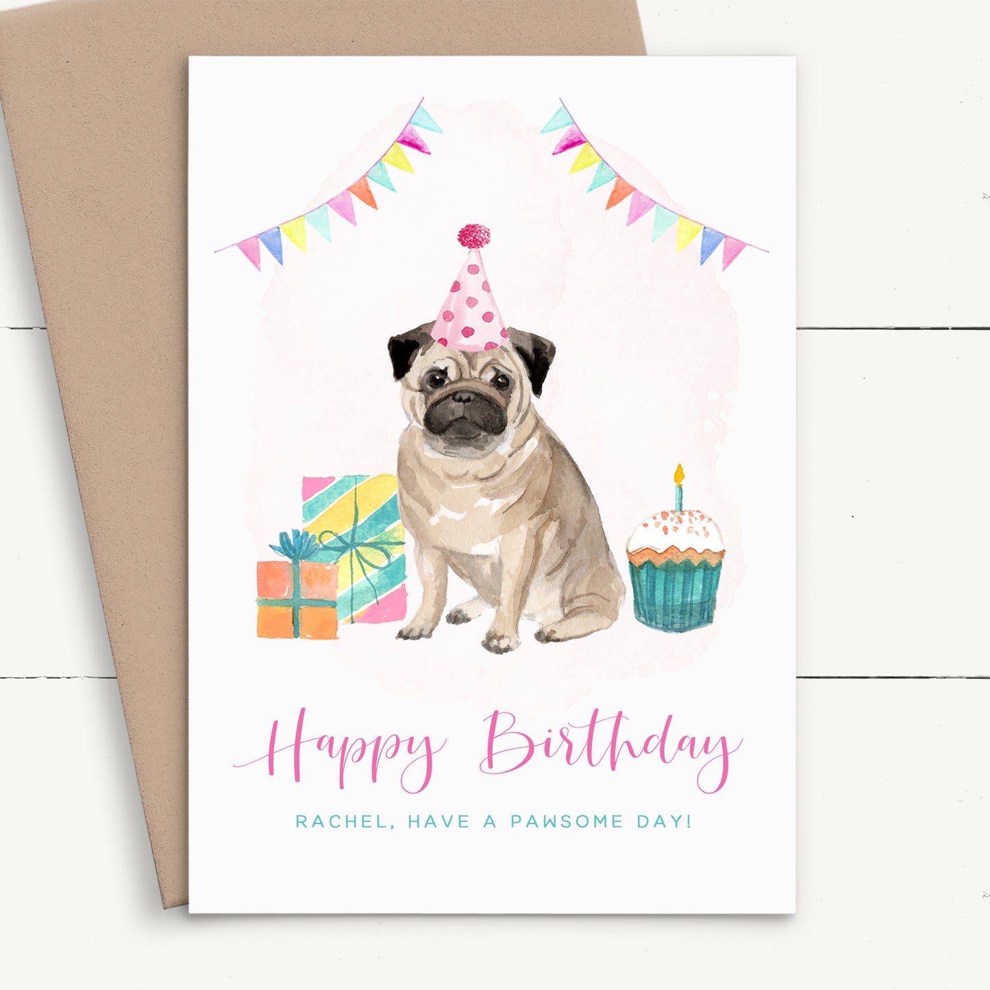 womens watercolour cute pug birthday card personalised smooth matte white cardstock kraft brown envelope