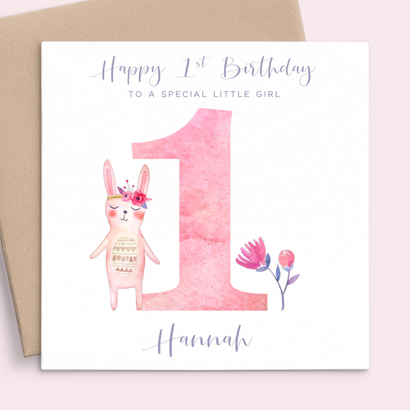 pink rabbit girls first birthday card personalised matte white cardstock kraft brown envelope