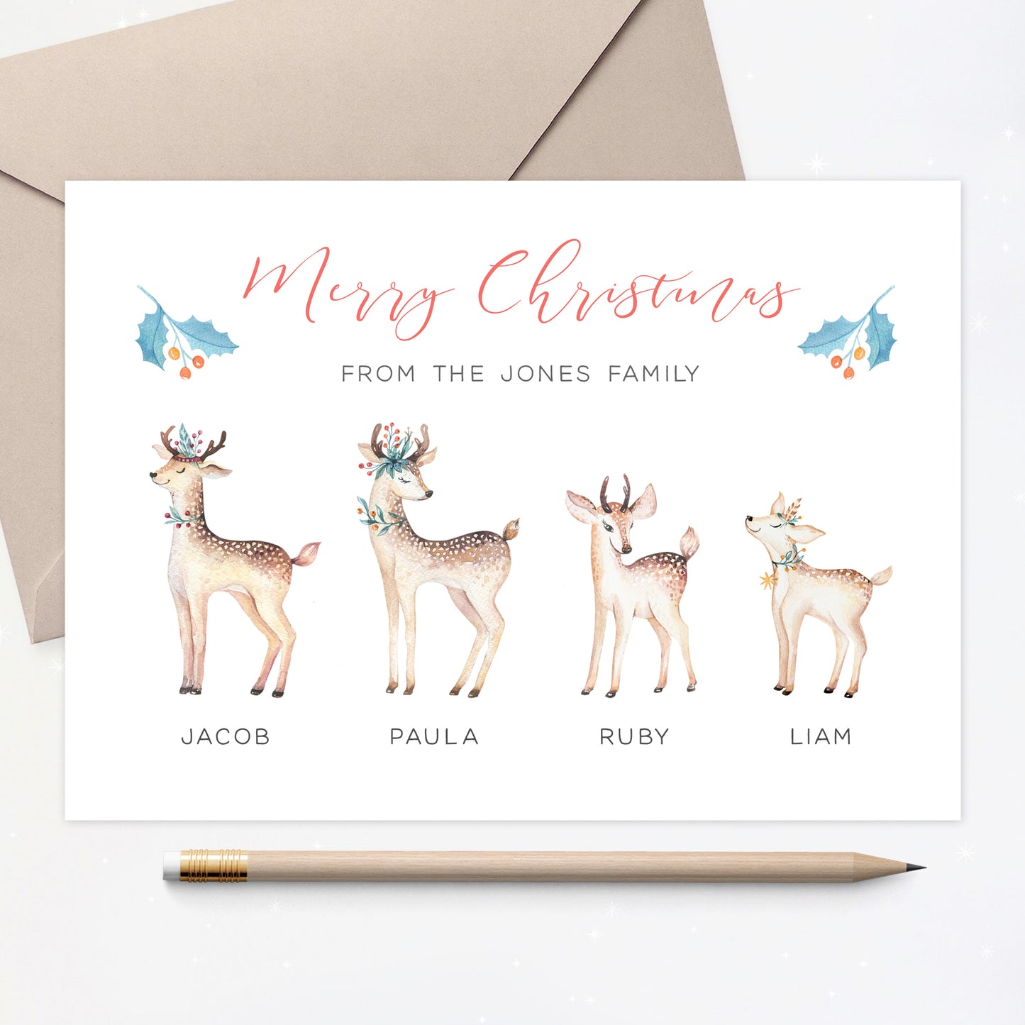 reindeer merry christmas from the family personalised christmas card multipack quantity of your choicematte white cardstock kraft brown envelope father mother son daughter boy girl