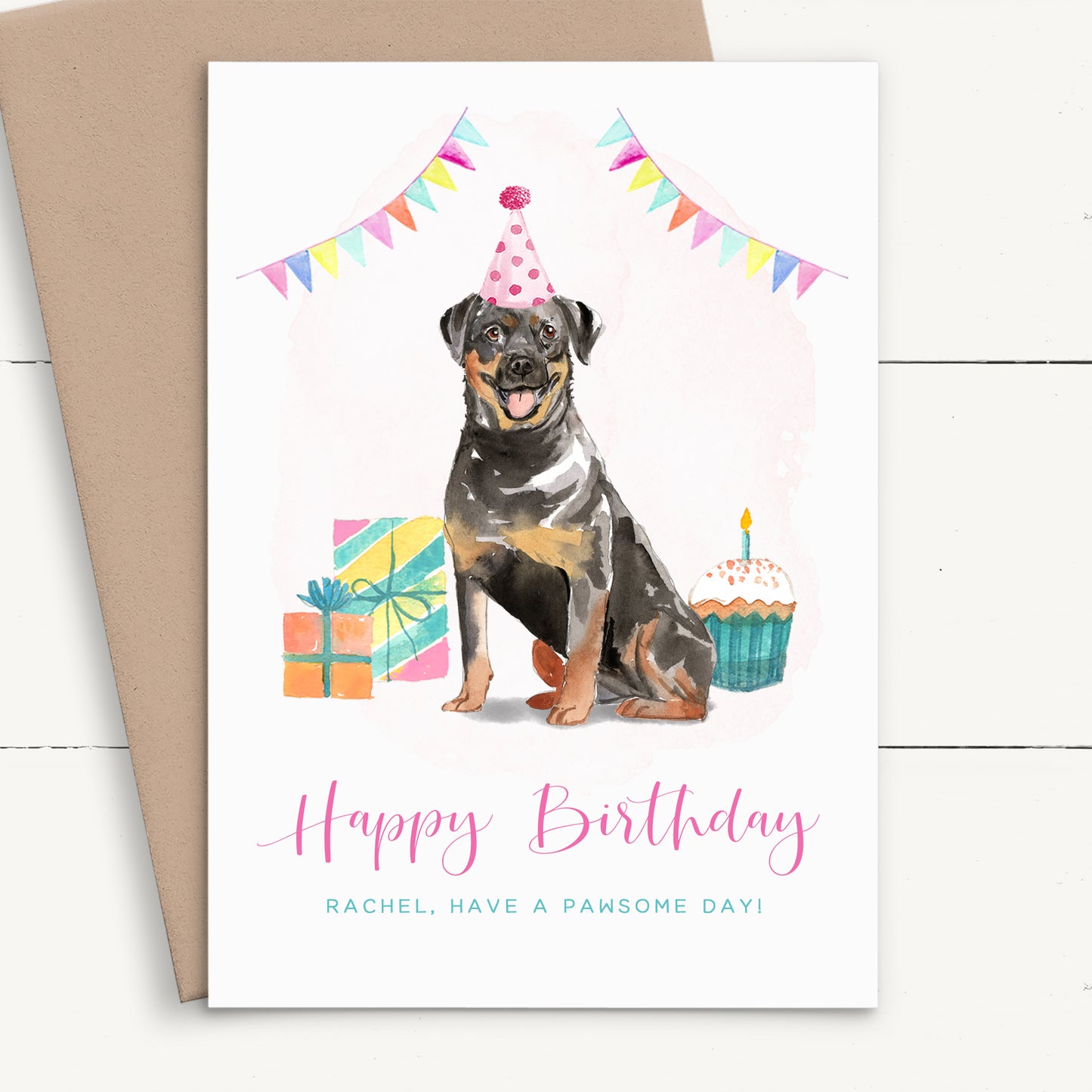 cute watercolour rottweiler birthday card personalised smooth matte white cardstock kraft brown envelope