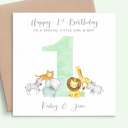 safari animals first birthday card personalised matte white cardstock kraft brown envelope