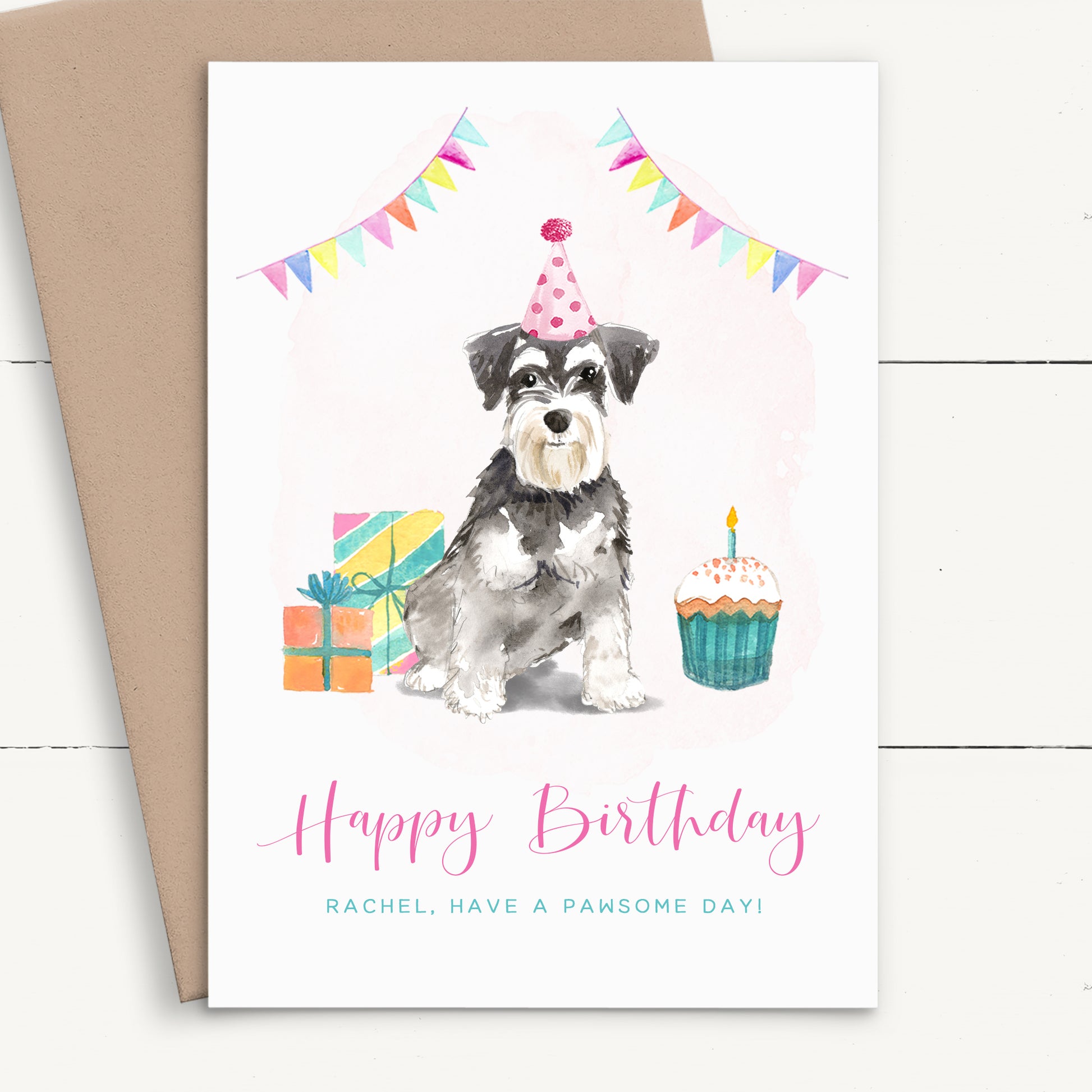 girls cute watercolour schnauzer birthday card personalised smooth matte white cardstock kraft brown envelope