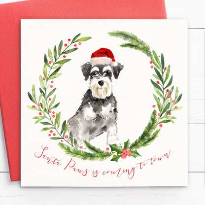 schnauzer santa paws pack of christmas card pun choice of quantity matte white cardstock red envelope