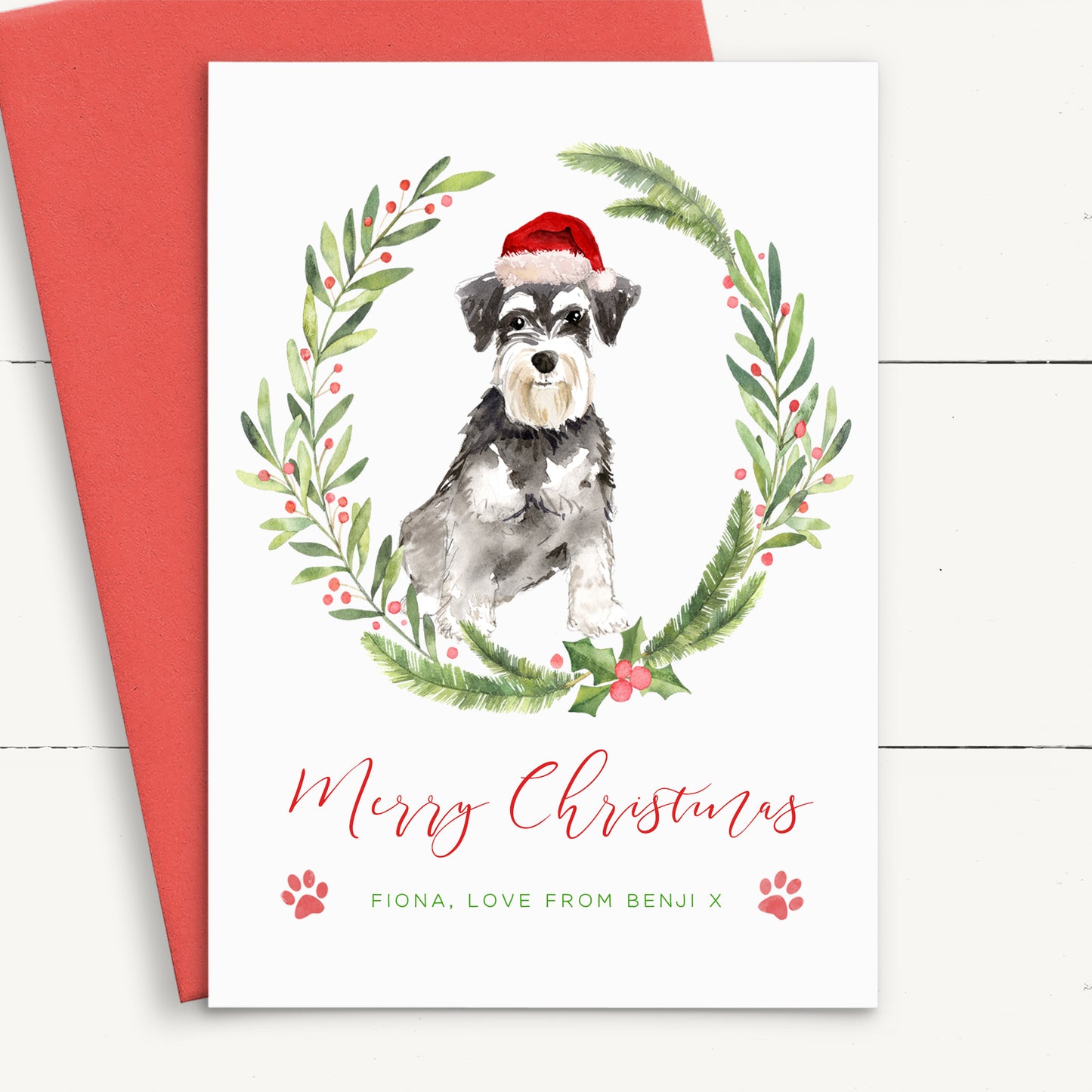 schnauzer merry christmas personalised dog christmas card smooth matte white cardstock red envelope