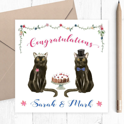 watercolour black cat wedding card bride and groom personalised matte smooth white cardstock kraft brown envelope