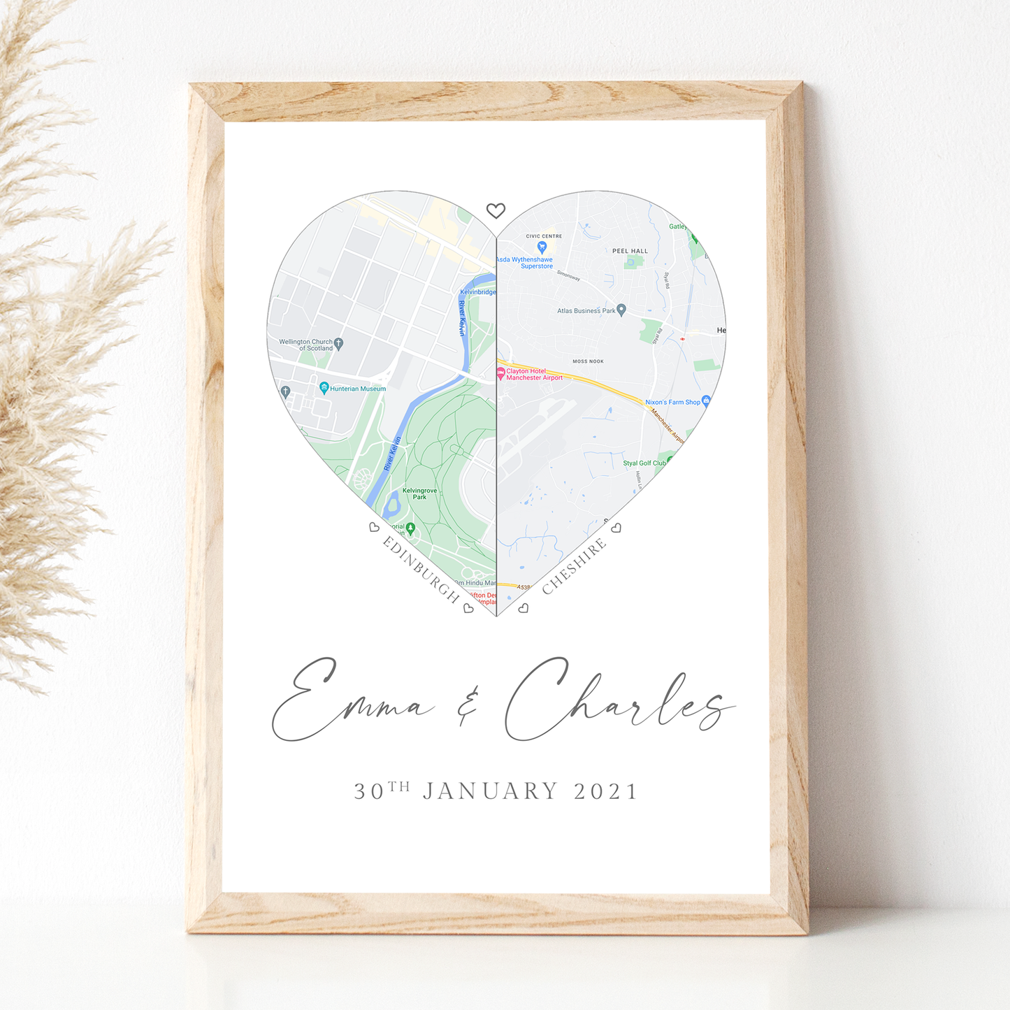 split heart cities map print couples anniversary gift personalised matte white paperstock unframed