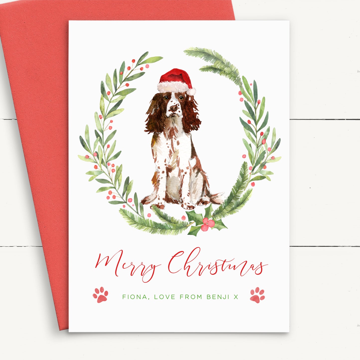 springer spaniel christmas card from the dog personalised red envelope matte white cardstock