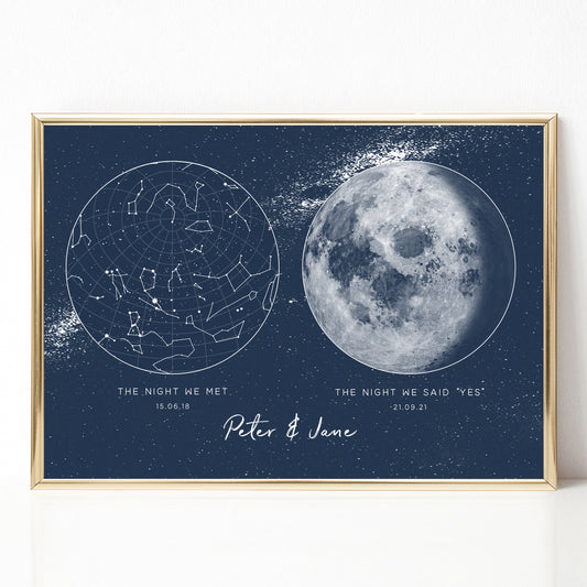 Moon phase and constellation print engagement the night we met wedding couple personalised blue unframed