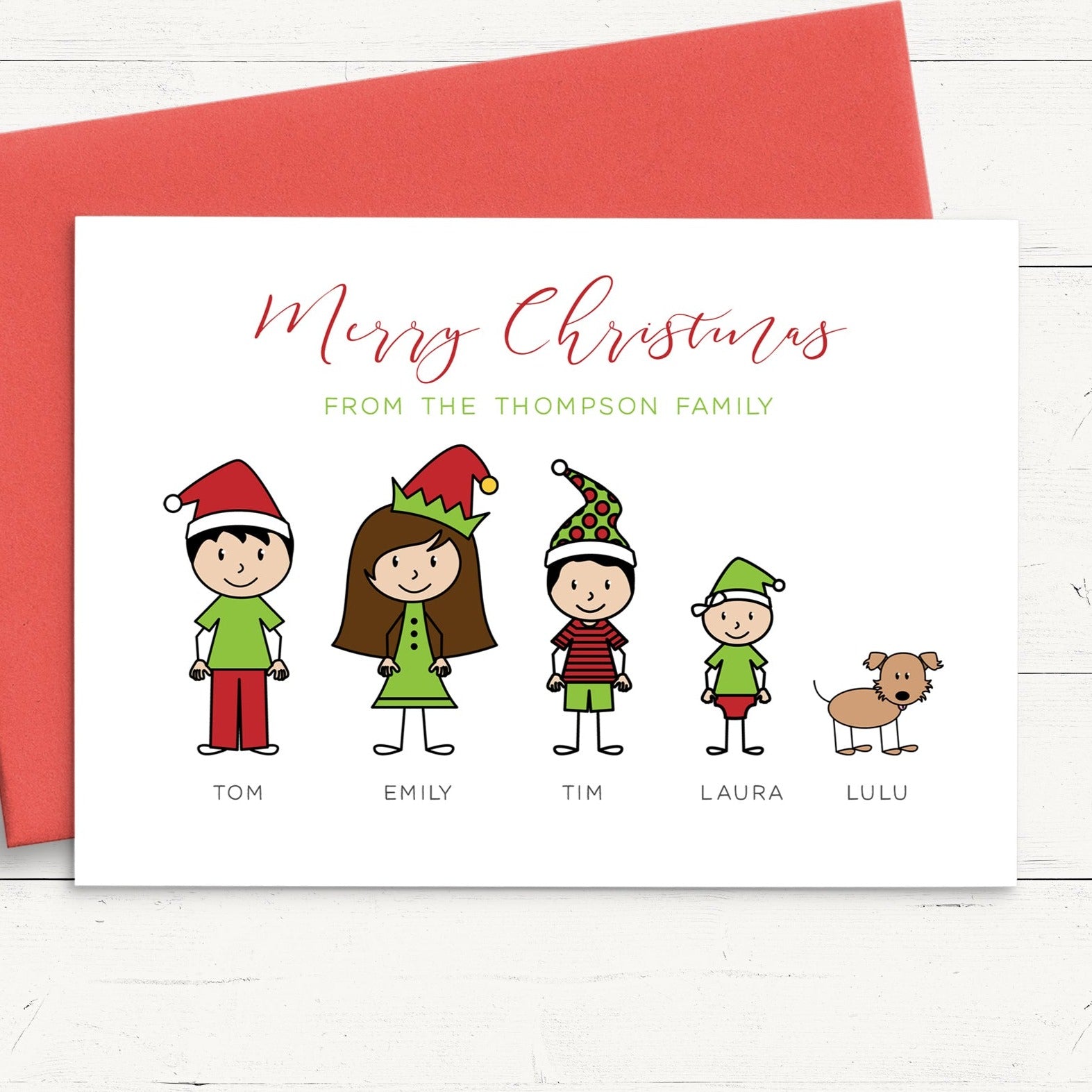 stick figure family merry christmas from the family pack of personalised christmas cards choice of quantity matte white cardstock red envelope parents kids pet