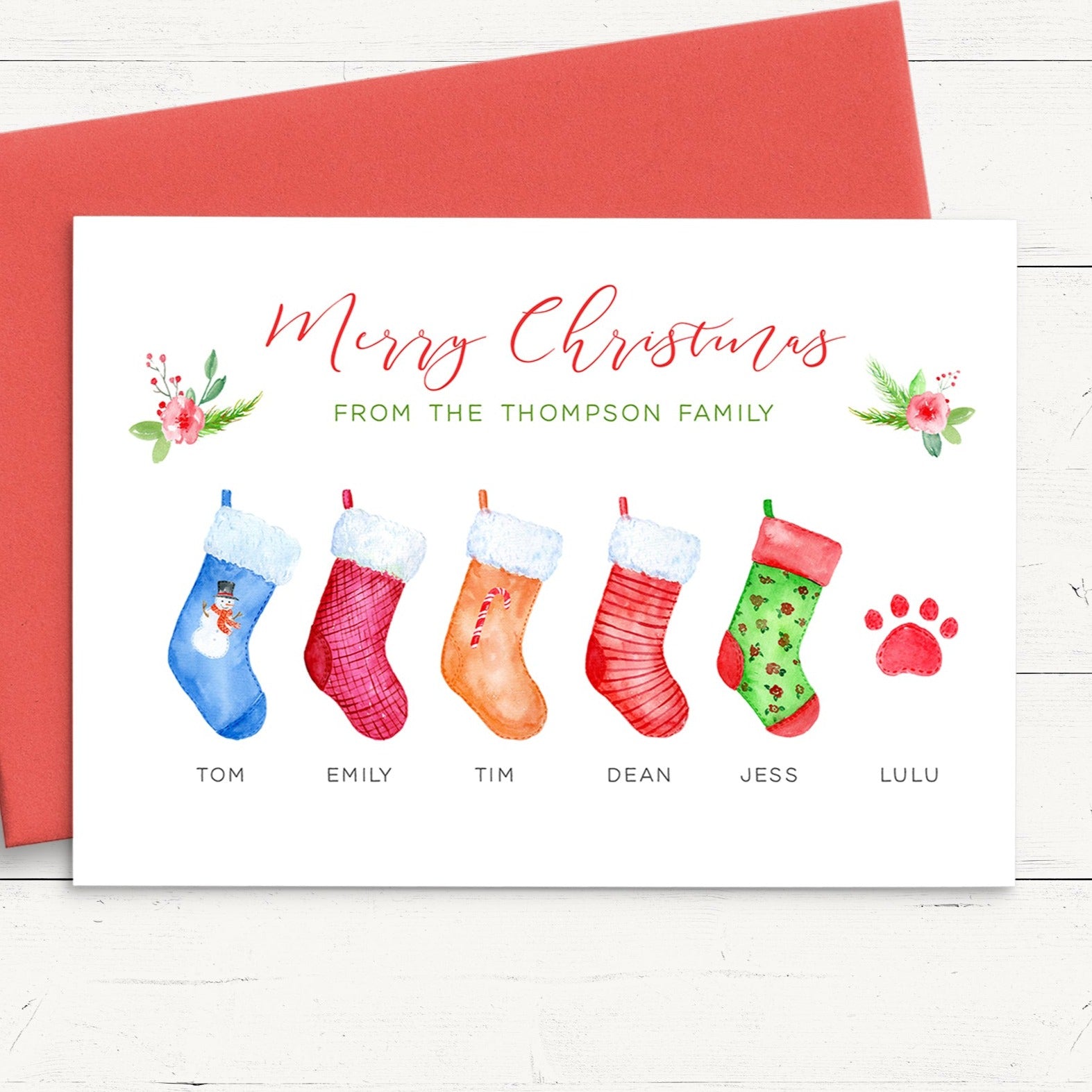 xmas stockings merry christmas from the family pack of personalised christmas cards choice of quantity matte white card stock red envelope parents kids pet