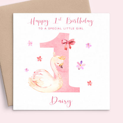 pink swan girls first birthday card personalised matte white cardstock kraft brown envelope