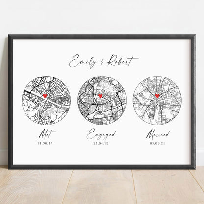 Custom Printed Maps Black White, Personalised Map Gifts for Her