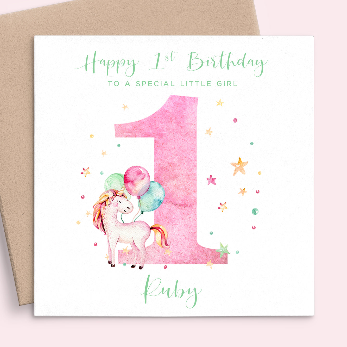 girls unicorn first birthday card personalised matte white cardstock kraft brown envelope