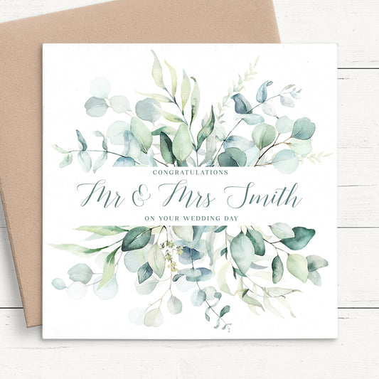 watercolour eucalyptus wedding card for couple personalised matte smooth white cardstock kraft brown envelope