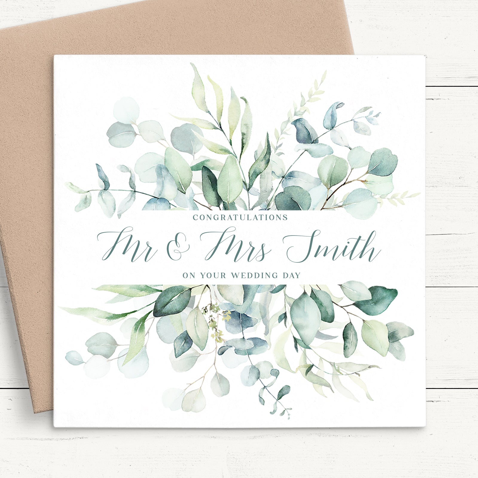 watercolour eucalyptus wedding card for couple personalised matte smooth white cardstock kraft brown envelope