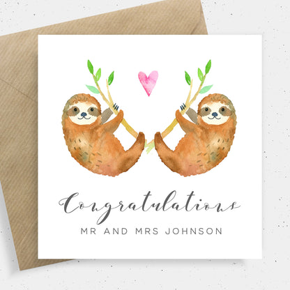 watercolour sloth wedding card for couple personalised matte smooth white cardstock kraft brown envelope