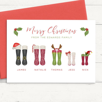 wellies family christmas card personalised customised matte white cardstock red envelopes