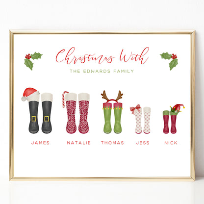 wellies family christmas print personalised matte white paperstock unframed