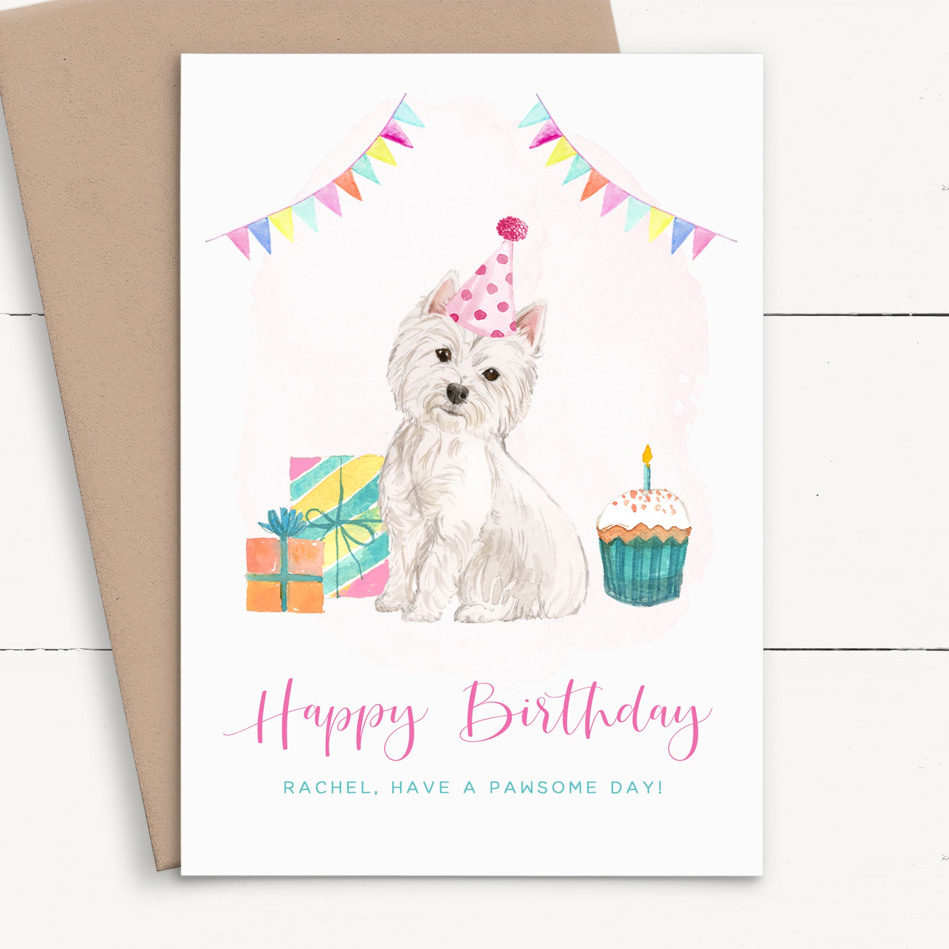 girls watercolour cute westie birthday card personalised smooth matte white cardstock kraft brown envelope