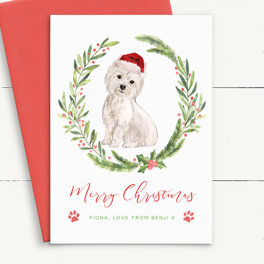 westie personalised christmas card from dog santa hat holly wreath red envelope matte white cardstock