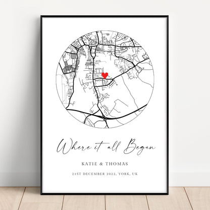 black and white circle city map with red heart personalised by location where it all began matte paperstock unframed