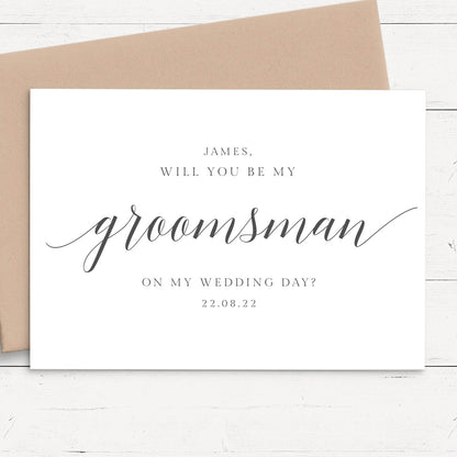 minimalist script will you be my groomsman proposal card personalised matte smooth white cardstock kraft brown envelope