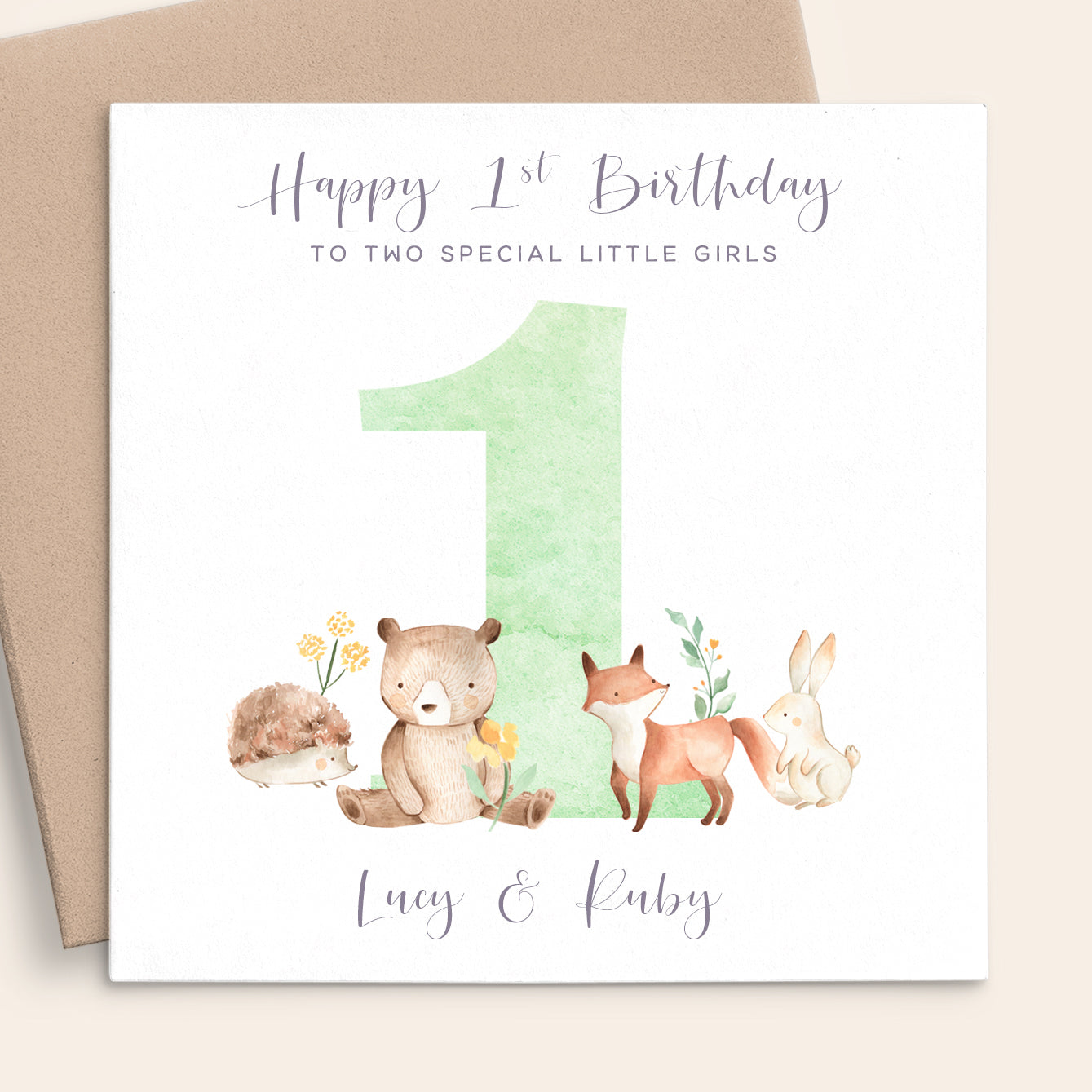 woodland animals first birthday card personalised matte white cardstock kraft brown envelope