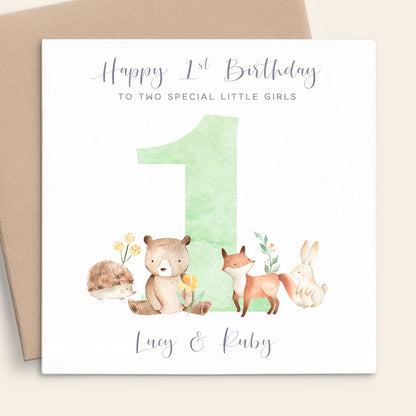 woodland animals first birthday card personalised matte white cardstock kraft brown envelope