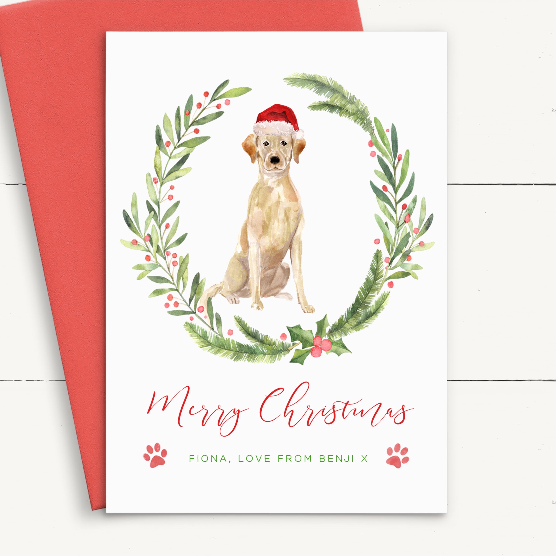 golden labrador christmas card from dog personalised red envelope matte white cardstock