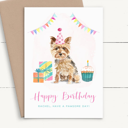 womens cute watercolour yorkie birthday card personalised smooth matte white cardstock kraft brown envelope