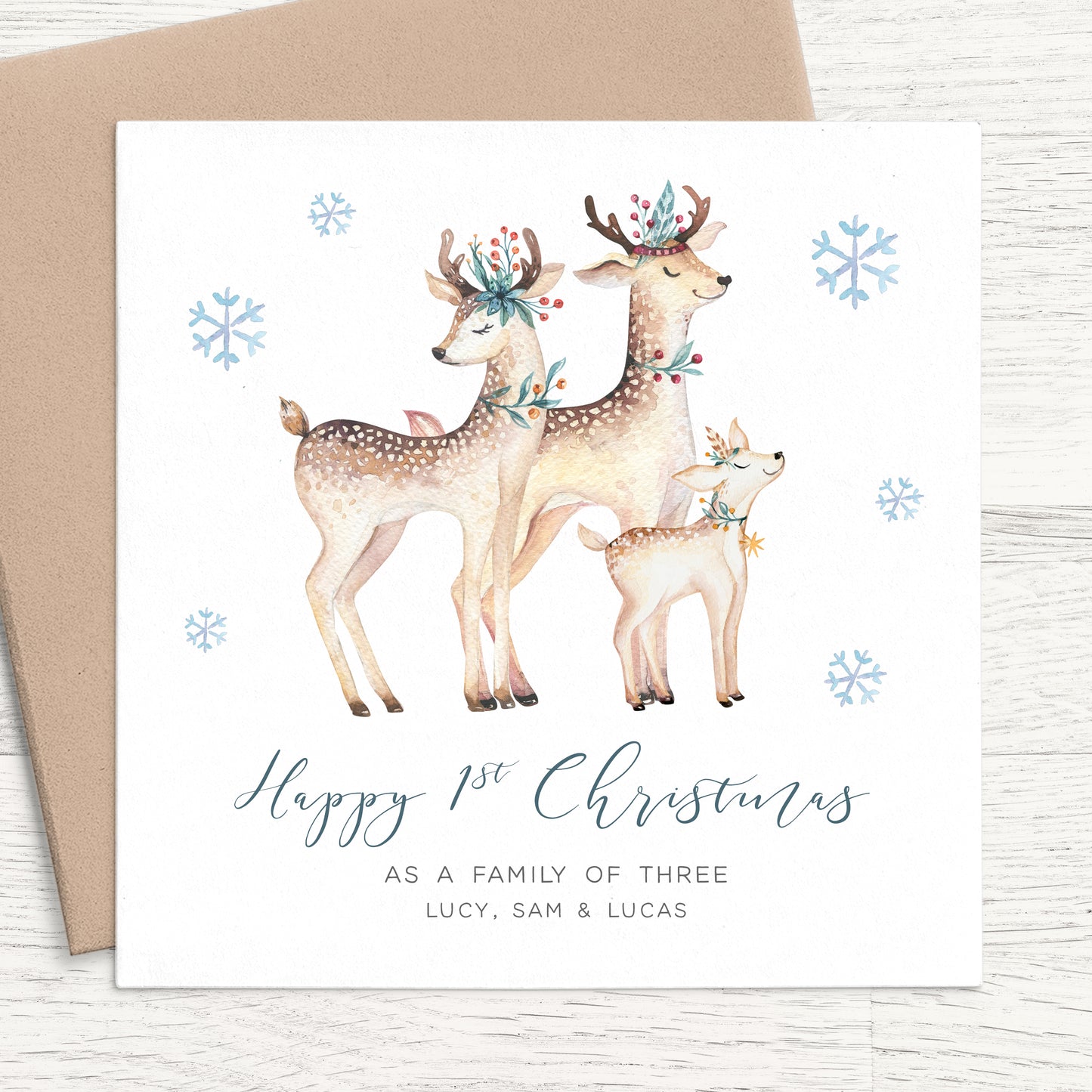 happy 1st christmas as a family of 3 card personalised reindeer matte white cardstock kraft envelope