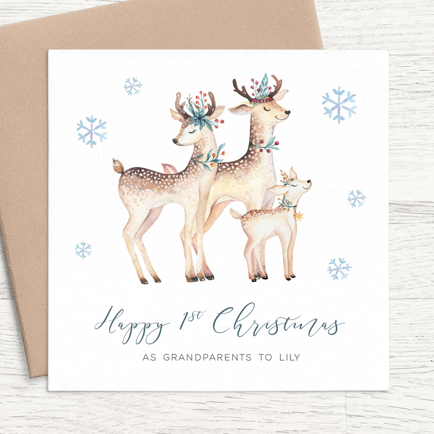 your first christmas as grandparents card personalised reindeer kraft brown envelope matte white cardstock