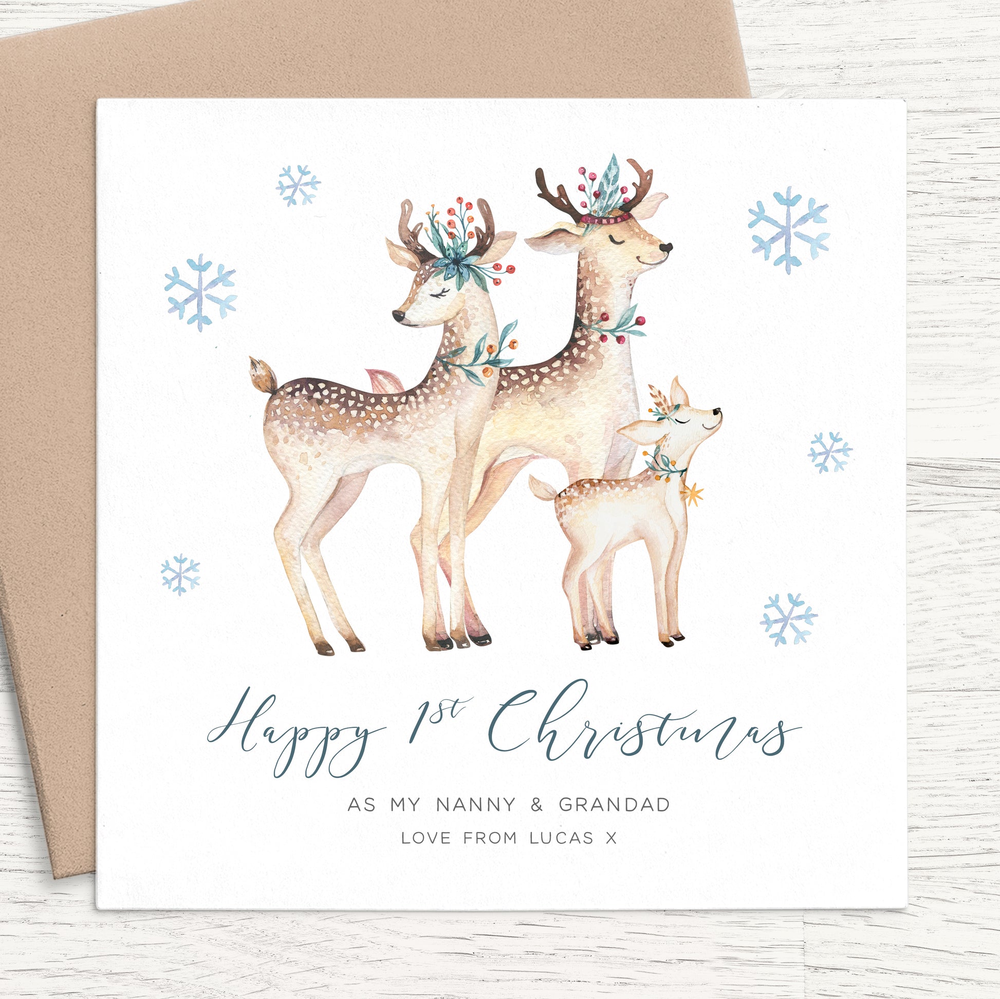 reindeer first christmas as my nanny and grandad personalised christmas card matte white cardstock kraft brown envelope boy girl grandmother grandfather