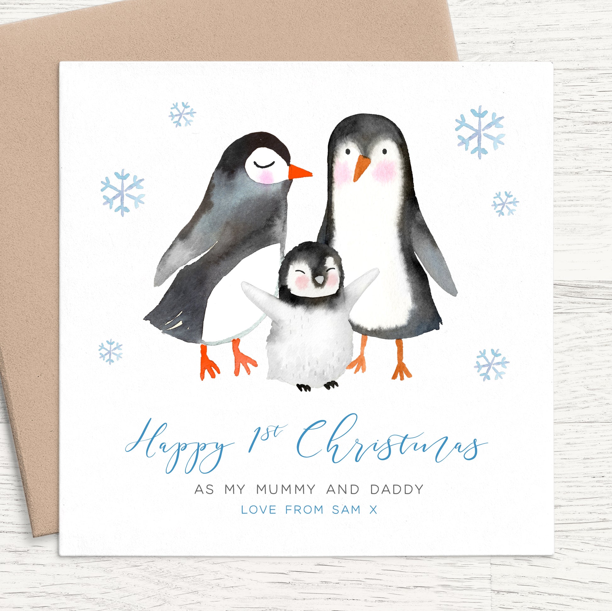 penguin first christmas as my mum and dad personalised christmas card matte white cardstock kraft brown envelope boy girl mother father