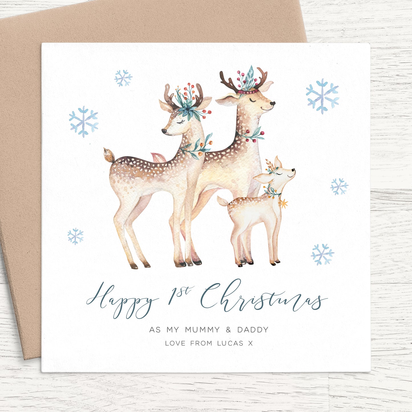 reindeer Happy 1st Christmas as My Mummy and Daddy Card personalised smooth matte white cardstock kraft brown envelope