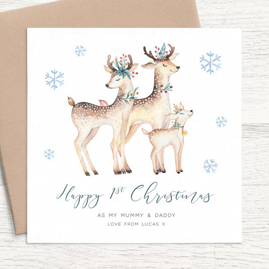 reindeer Happy 1st Christmas as My Mummy and Daddy Card personalised smooth matte white cardstock kraft brown envelope