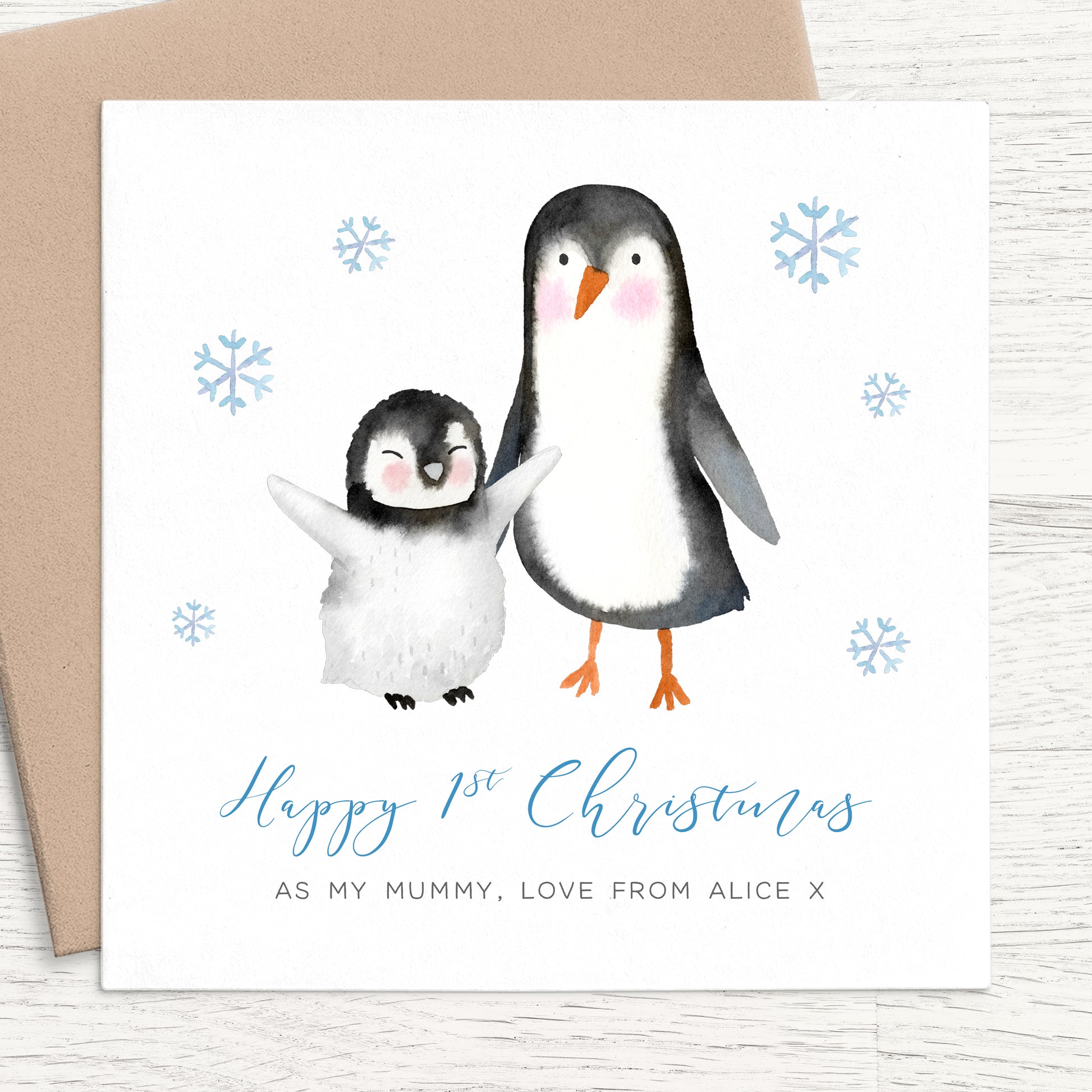 penguin first christmas as my mummy personalised christmas card matte white cardstock kraft brown envelope boy girl mother
