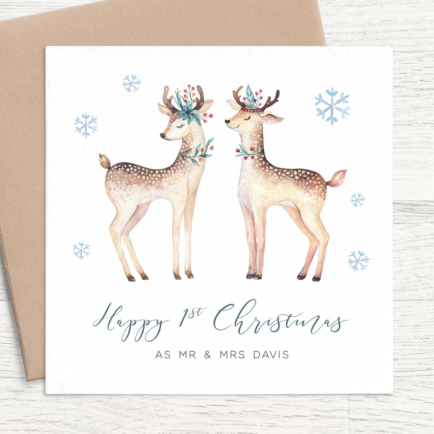 happy first christmas married couple card reindeer personalised matte white cardstock kraft envelope