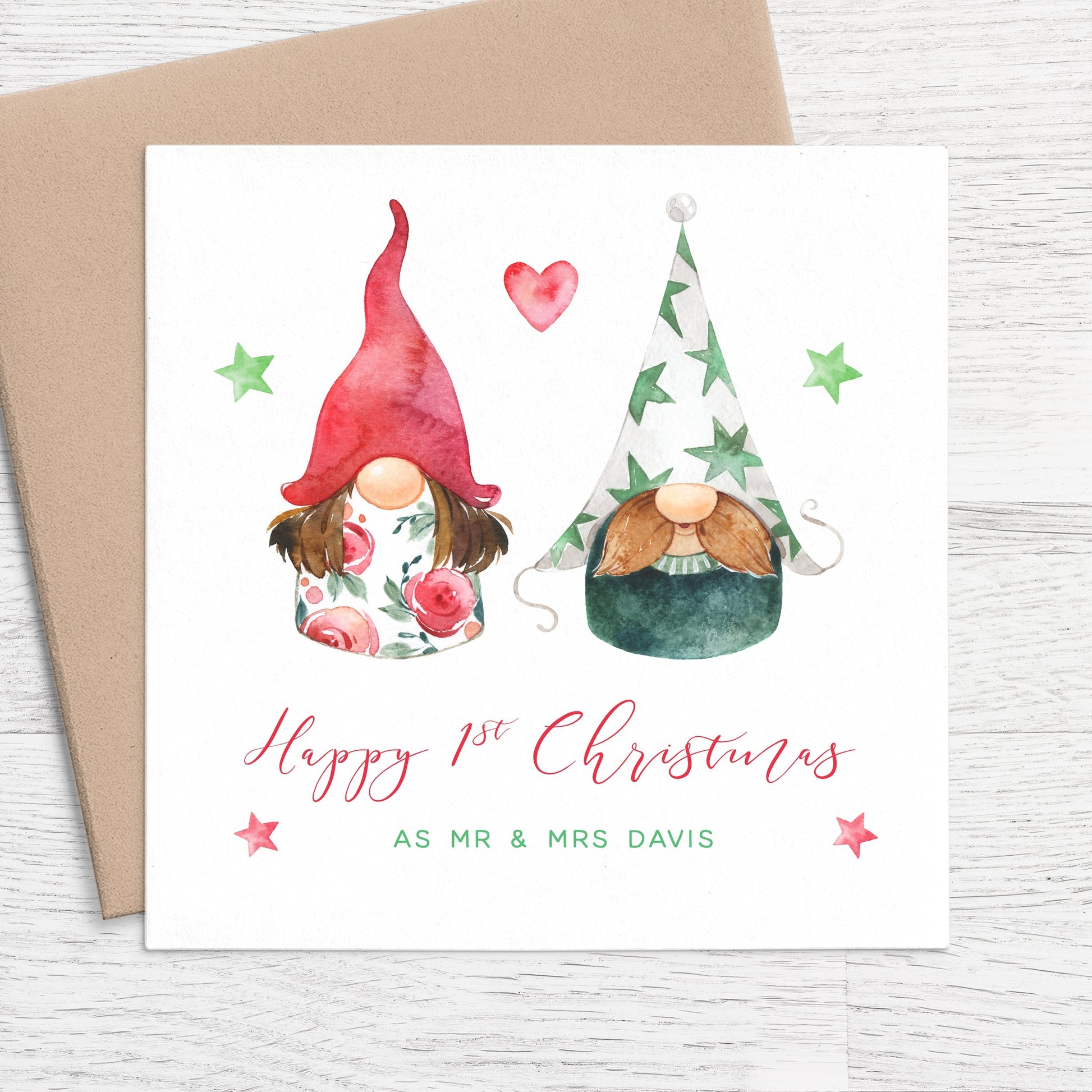 happy 1st christmas as mr and mrs card gnomes gonks personalised matte white cardstock kraft brown envelope